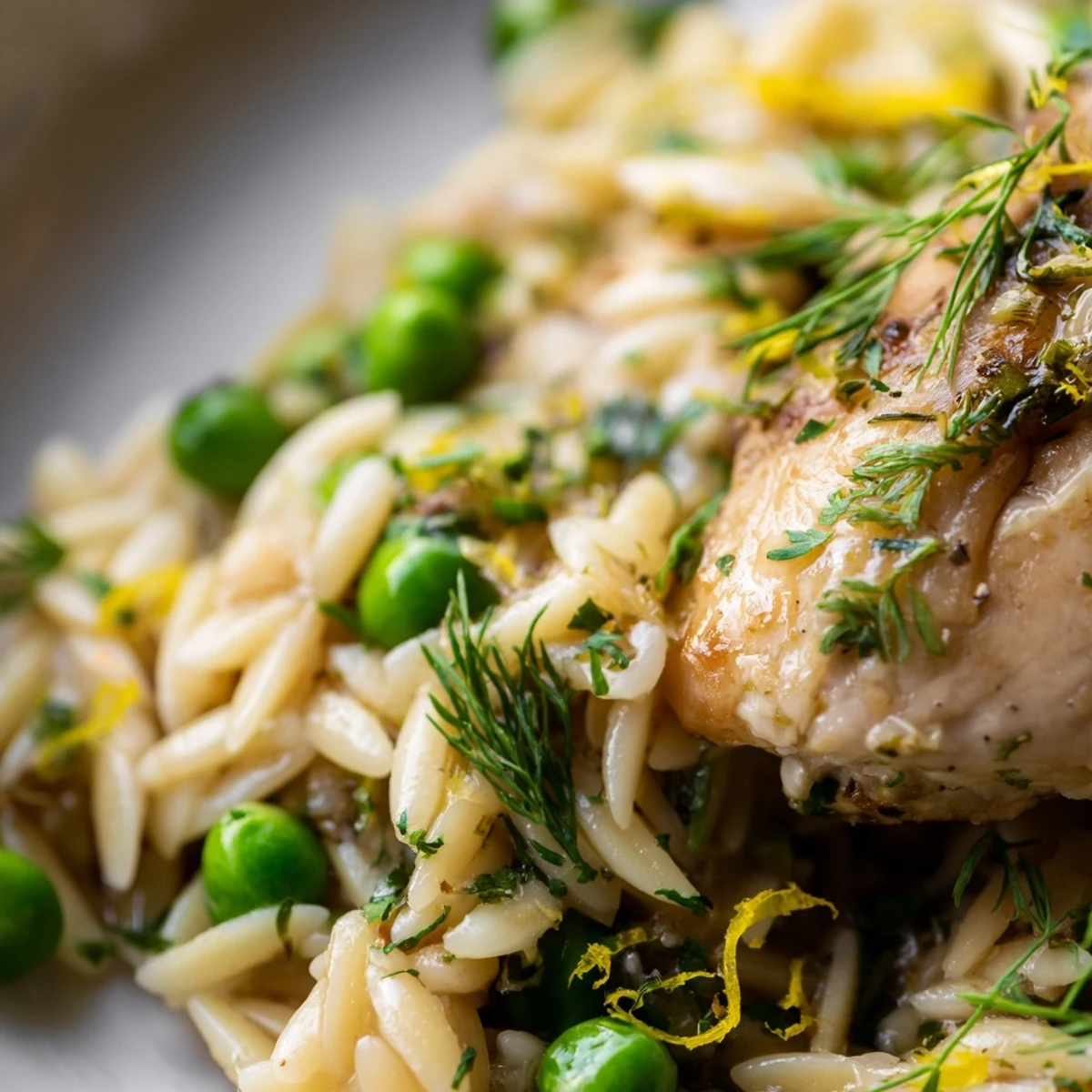 Spring dinner is served with vibrant Lemon Herb Chicken Orzo Skillet, featuring sautéed onions, peas, and fresh herbs in a comforting one-pan meal.