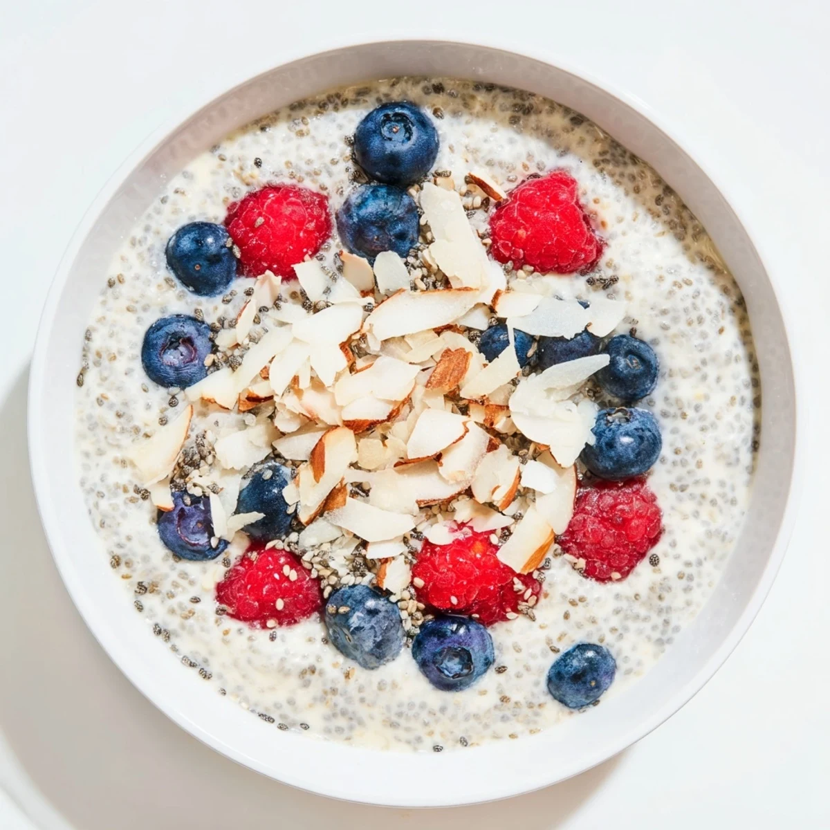 Creamy poppy seed chia pudding layered with fresh berries and toasted almonds in a glass jar.