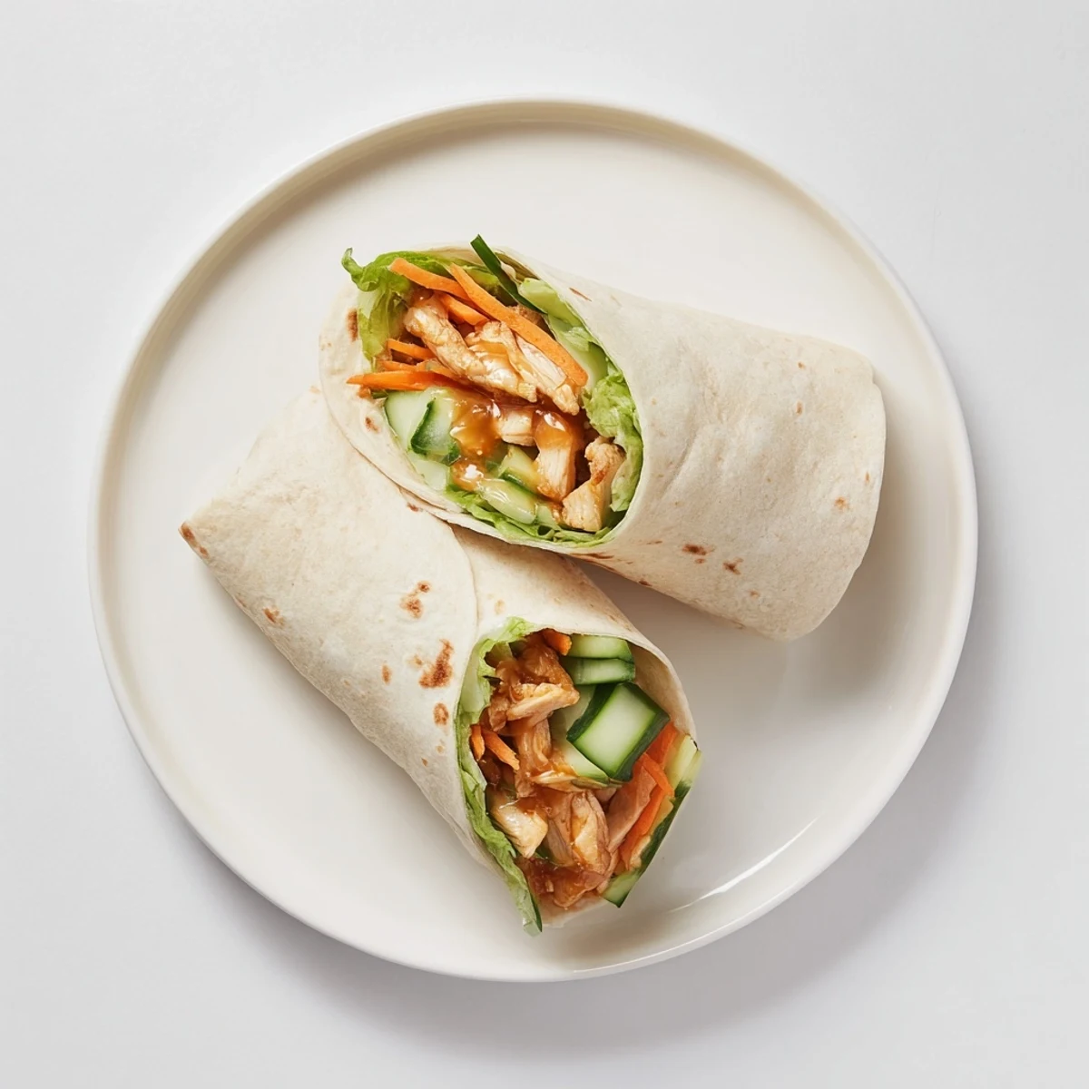 Golden-brown, saucy Honey Chili Crunch Chicken Wrap sliced in half, revealing layers of crisp lettuce, cucumber, and shredded carrots inside a warm flour tortilla.