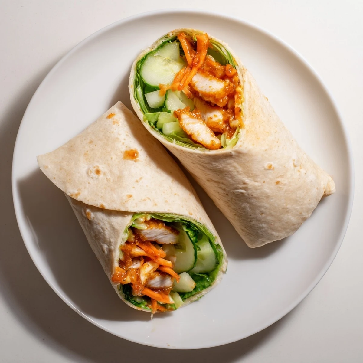Hand holding a toasted Honey Chili Crunch Chicken Wrap, stuffed with juicy chicken and colorful veggies, ready to eat for a satisfying fusion lunch.