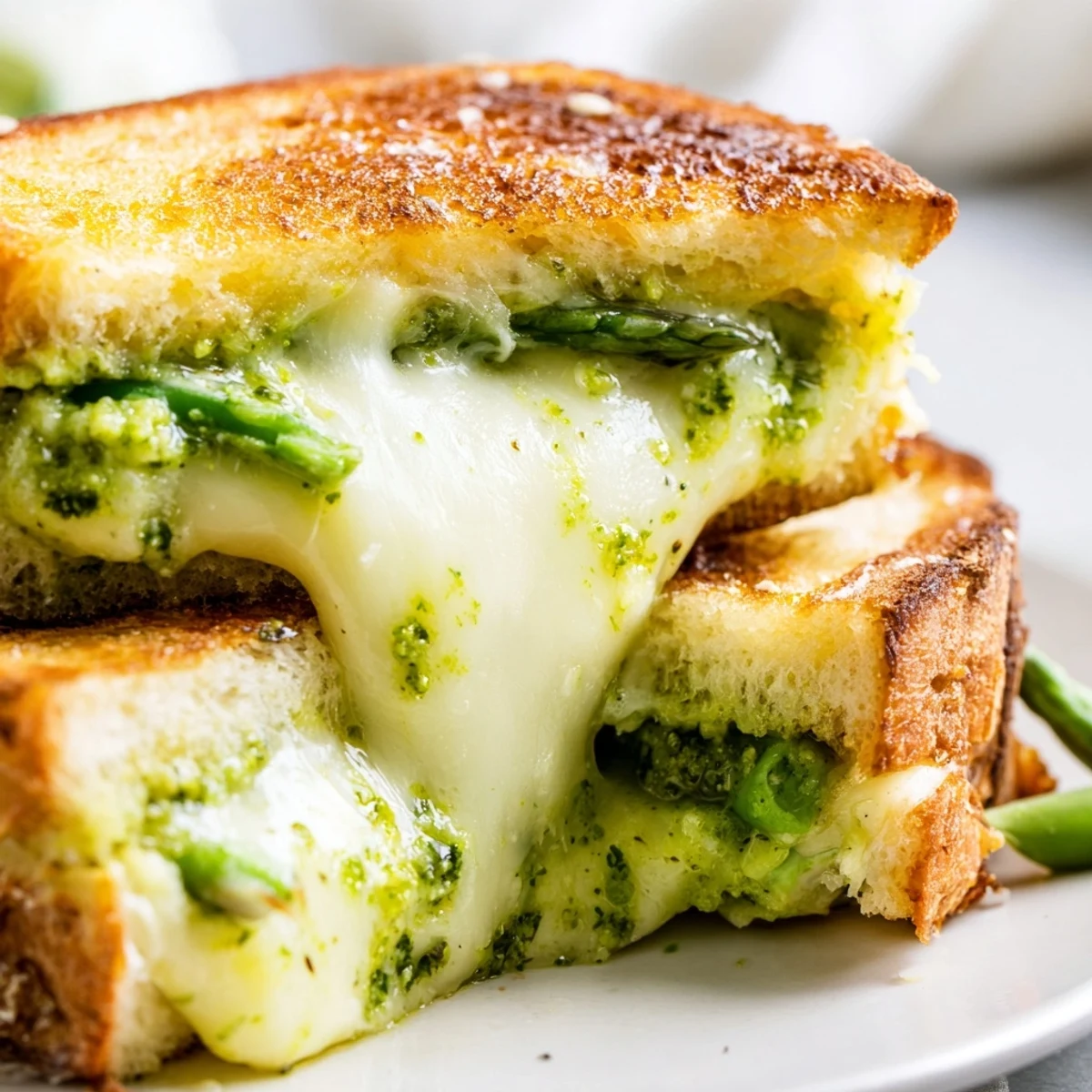 A close-up of Spring Pea Pesto Grilled Cheese with melty mozzarella oozing from golden sourdough slices.
