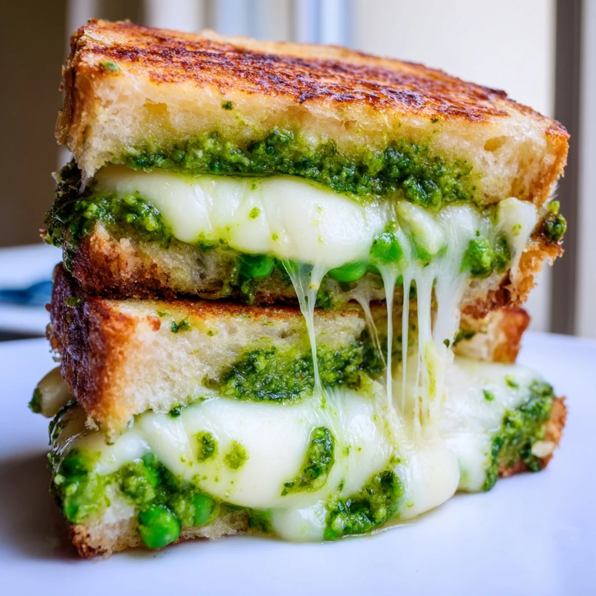 Spring Pea Pesto Grilled Cheese cut diagonally, revealing bright green pesto and gooey cheese layers on toasted bread.