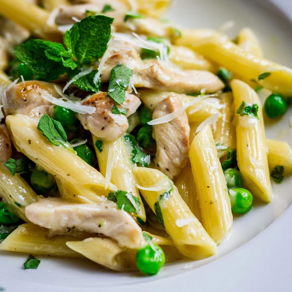A close-up of vibrant Pea & Mint Chicken Pasta with tender chicken and bright green peas in a glossy lemon sauce.