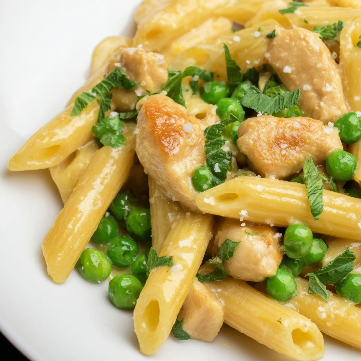 Warm bowl of Pea & Mint Chicken Pasta garnished with fresh mint leaves, ready to serve for a spring dinner.