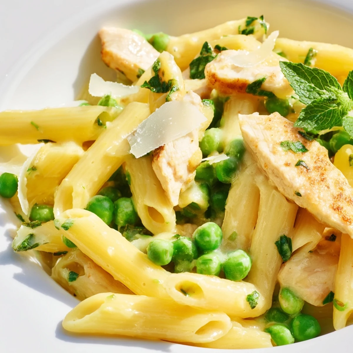 A skillet of Pea & Mint Chicken Pasta features al dente penne and parmesan, perfect for an easy weeknight meal.