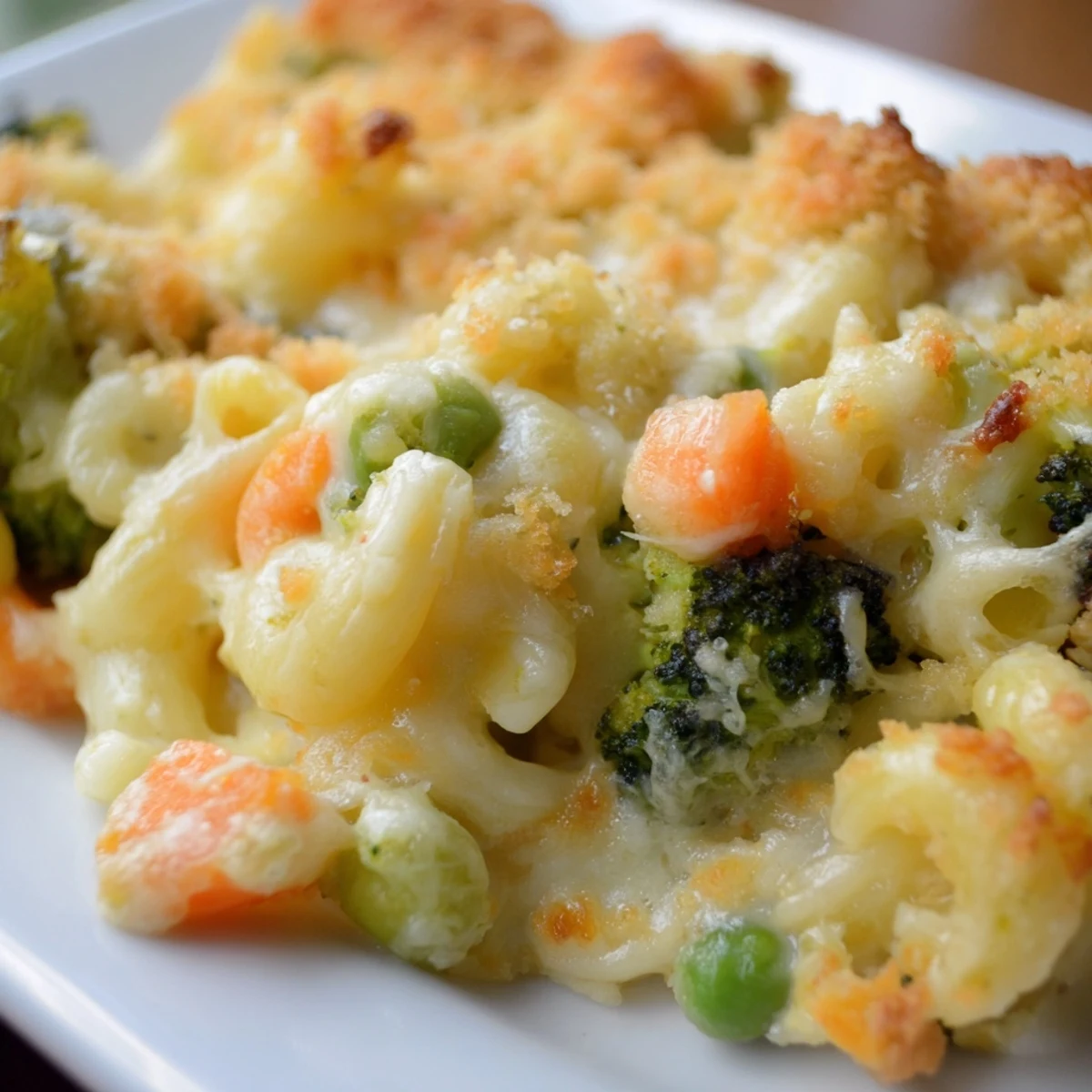 Golden, bubbly Garden Veg Mac and Cheese with peas, broccoli, and carrots in a creamy cheddar sauce.