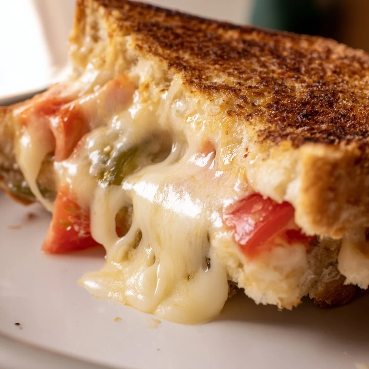 Close-up of a crispy Pepper Jack & Tomato Grilled Cheese with melted cheese and visible jalapeño flecks.