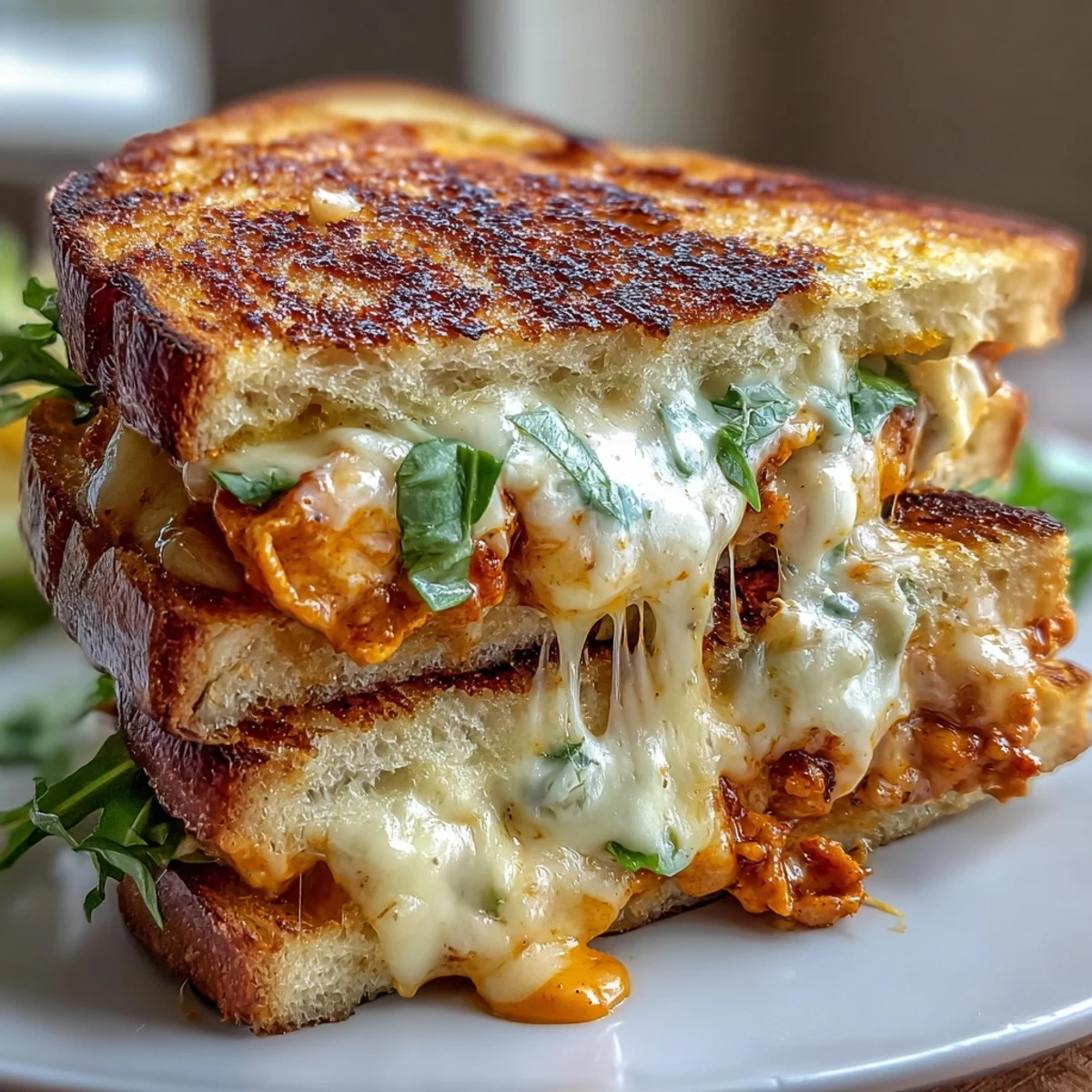 Golden-brown Buffalo Chicken Caesar Grilled Cheese oozing melted cheese and savory filling.