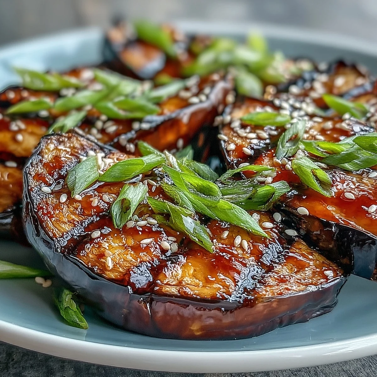 Tender, golden Miso Glazed Eggplant fresh from the broiler, showcasing its silky texture and rich umami aroma as a perfect Japanese side dish.