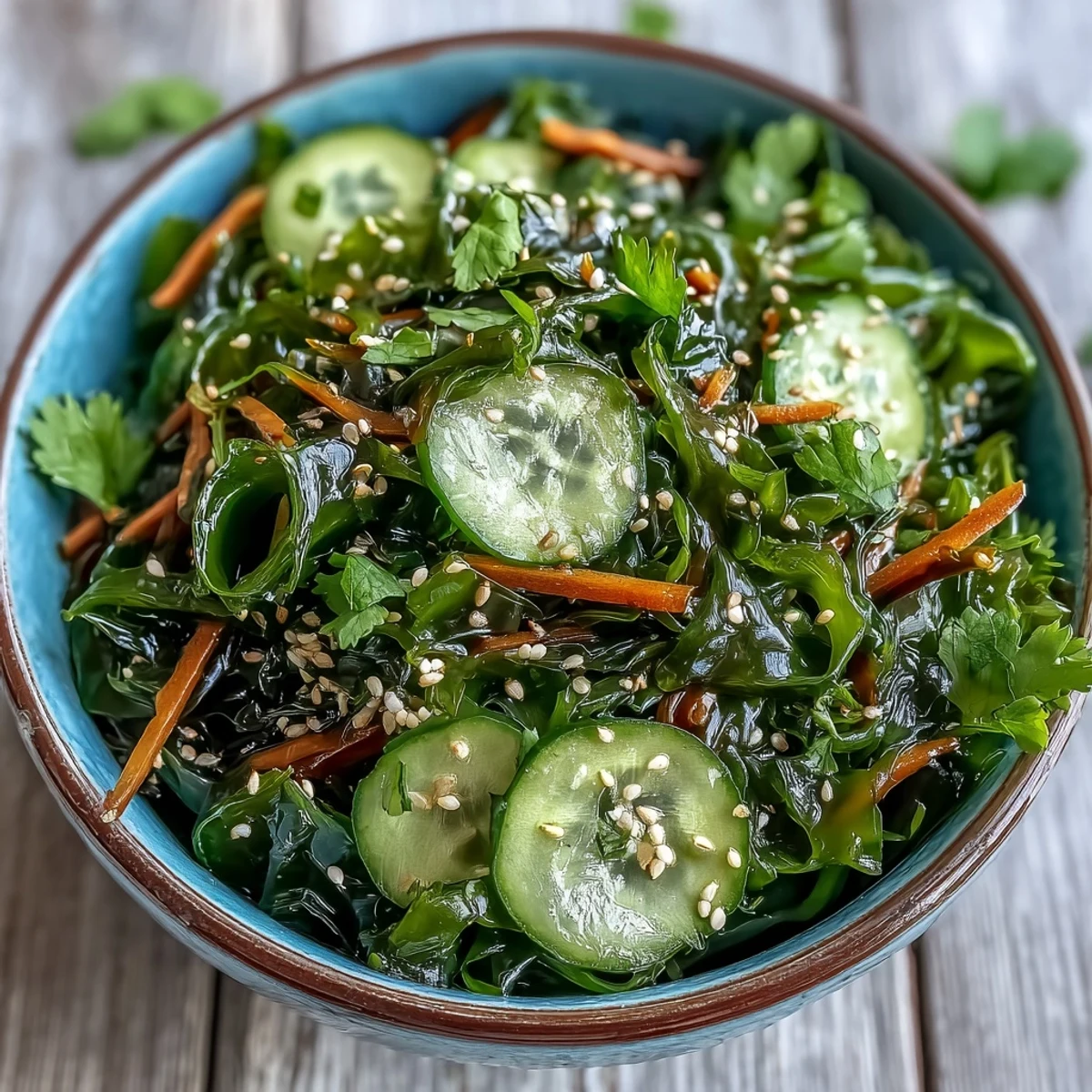 A close-up of vibrant Seaweed Salad in a white bowl, featuring dark green wakame, bright carrot ribbons, and sliced cucumber tossed in a glossy sesame-ginger dressing.  