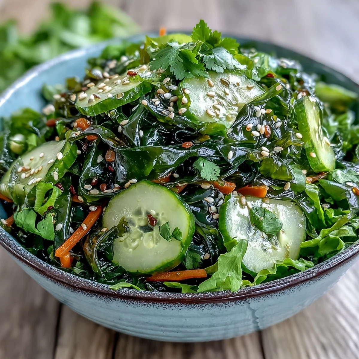 Freshly prepared Seaweed Salad garnished with toasted sesame seeds and chopped cilantro, served as a refreshing side dish perfect for a healthy Japanese-inspired meal.  