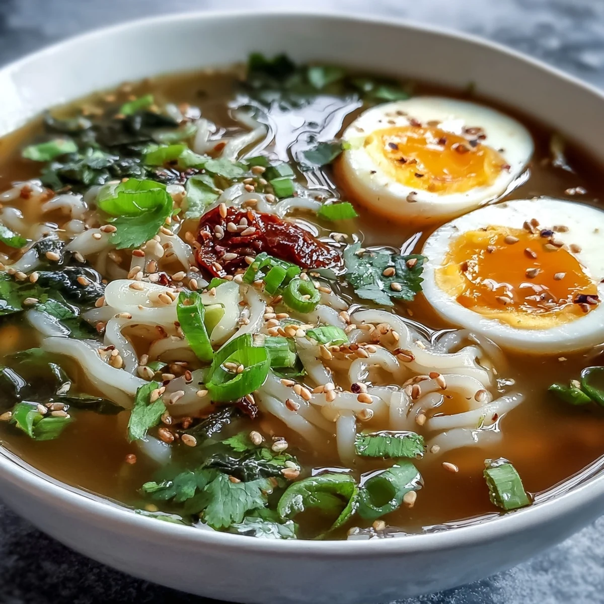 A comforting bowl of Shirataki Noodles With Broth, featuring tender noodles in steaming savory bone broth with fresh garnishes.