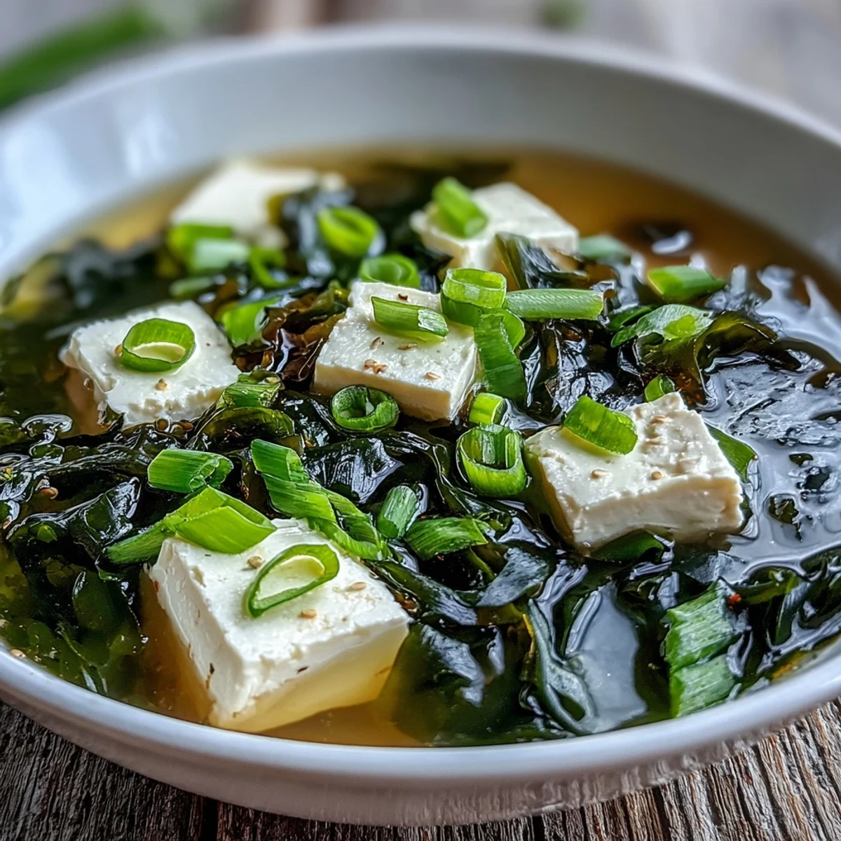 A close-up of warm wakame soup with silky tofu cubes and fresh green scallions floating in a savory dashi broth.