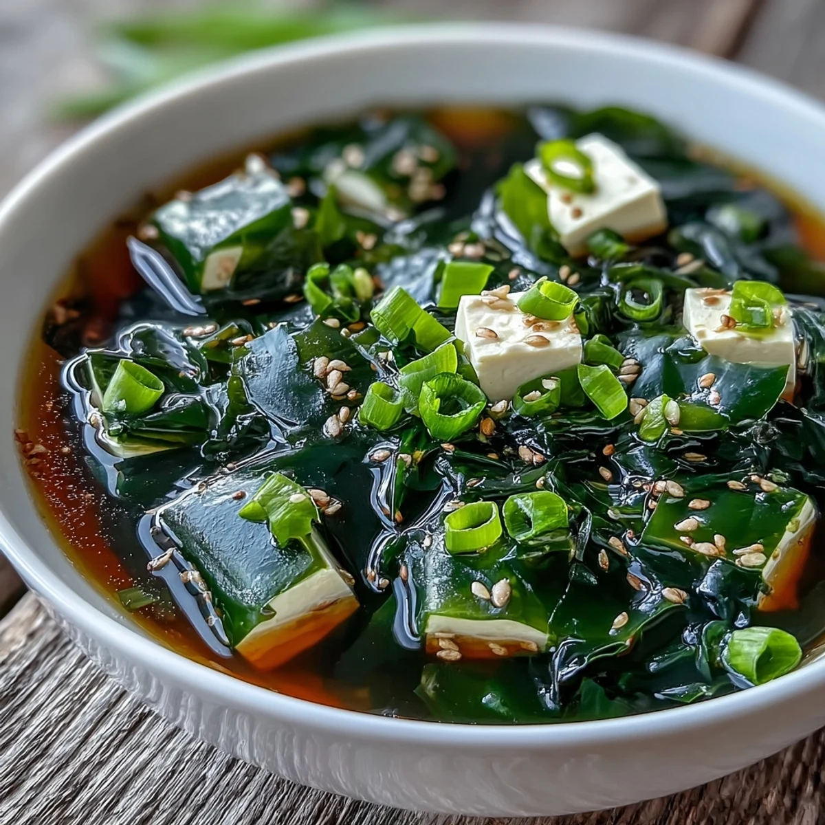 Steaming bowl of homemade wakame soup featuring tender seaweed, soft tofu, and a fragrant dashi base, ready to enjoy.