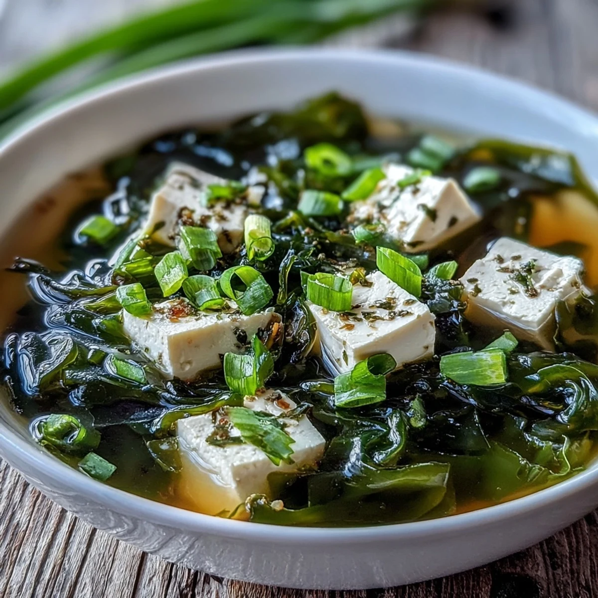 An overhead view of wakame soup garnished with scallions, served alongside steamed rice for a light Japanese meal.