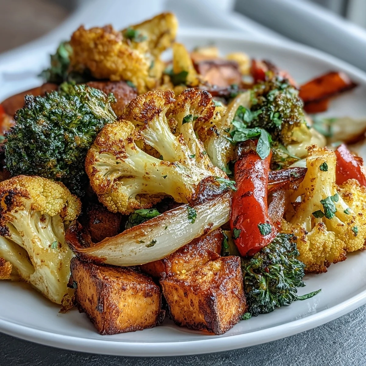 Vibrant anti-inflammatory turmeric roasted vegetables with red bell pepper and red onion, beautifully seasoned and served over fluffy quinoa.  