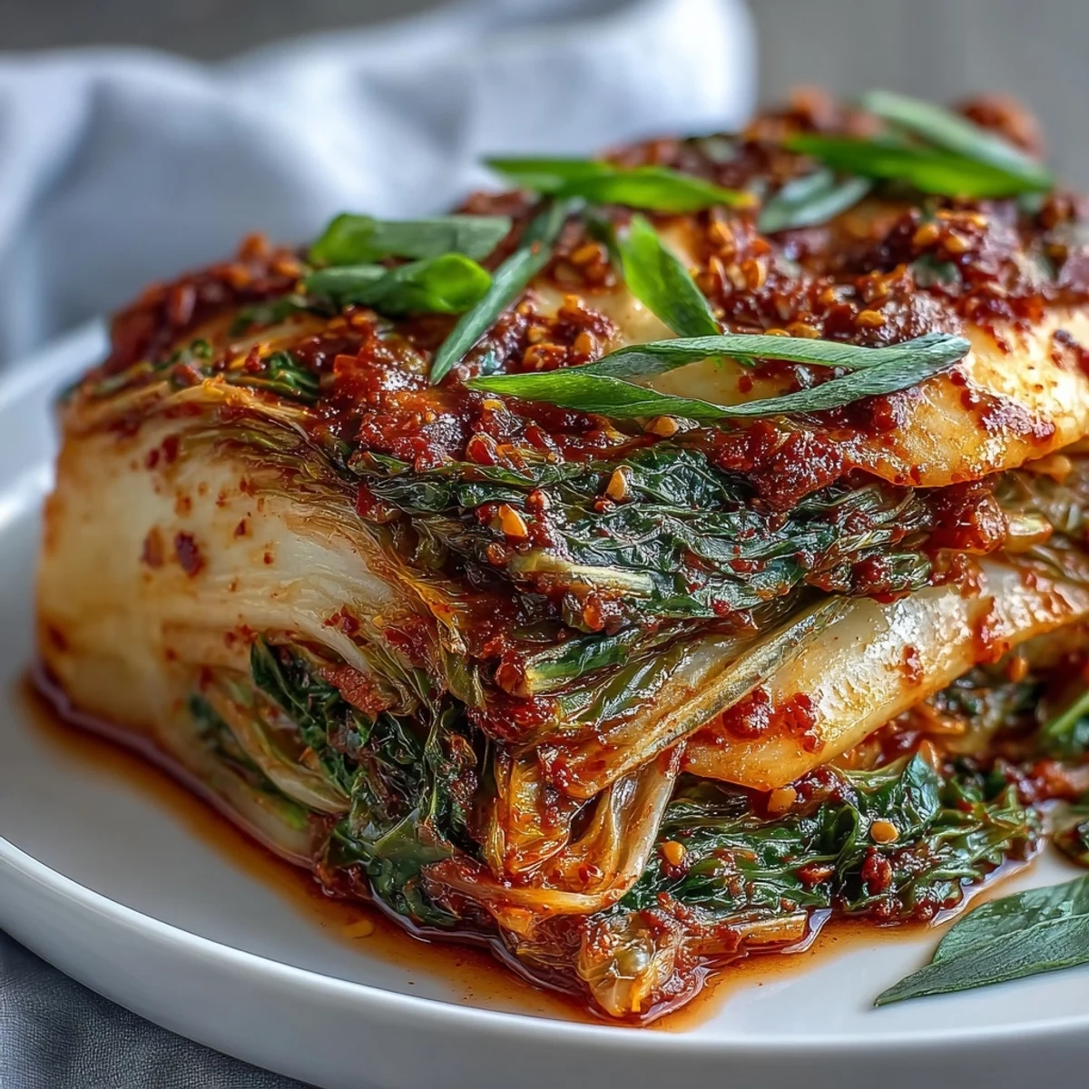 Crisp, bright red napa cabbage kimchi in a glass jar, showcasing the vibrant layers of fermented vegetables and chili spice paste.  