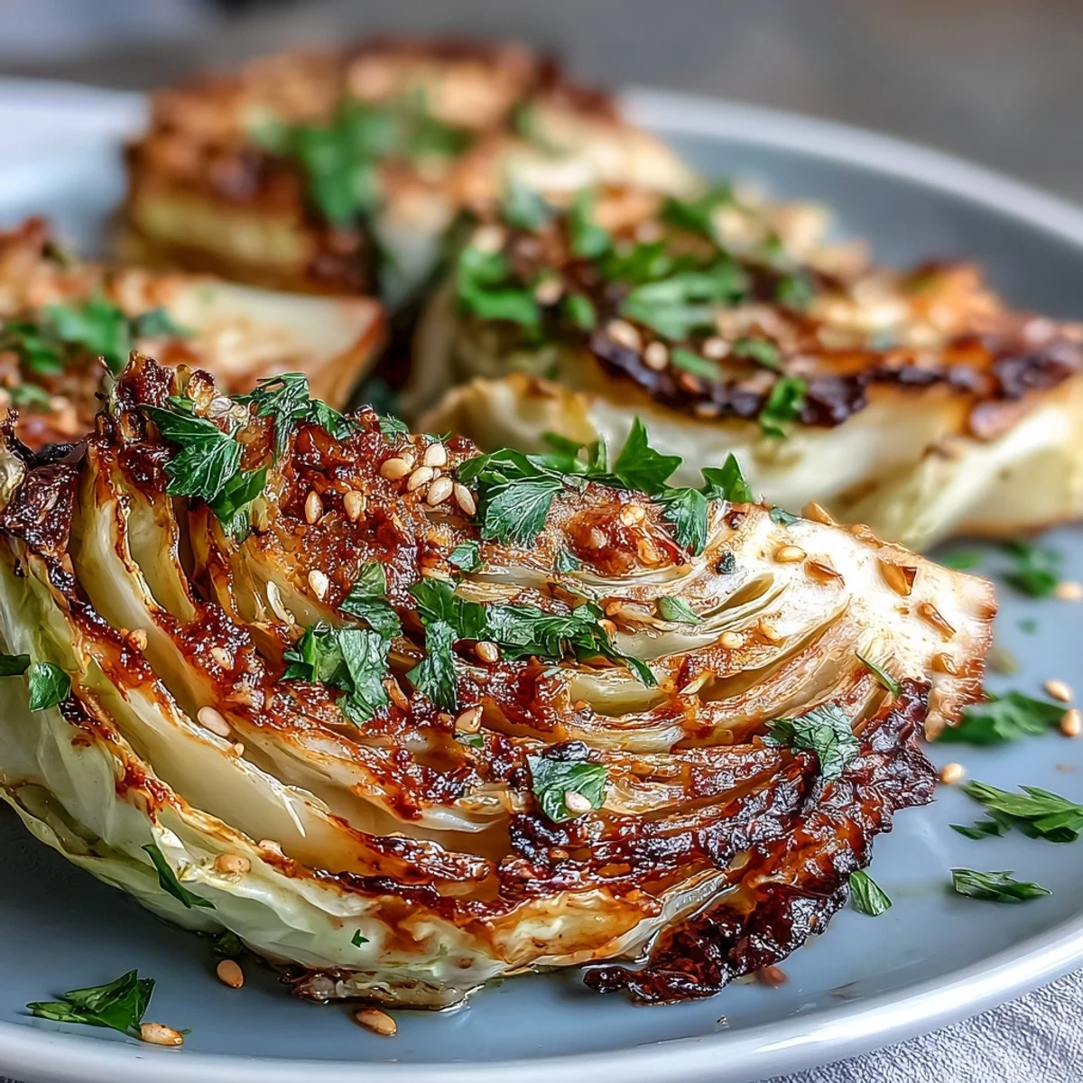 Roasted cabbage steaks with tahini drizzle, garnished with fresh parsley and toasted sesame seeds on a platter.