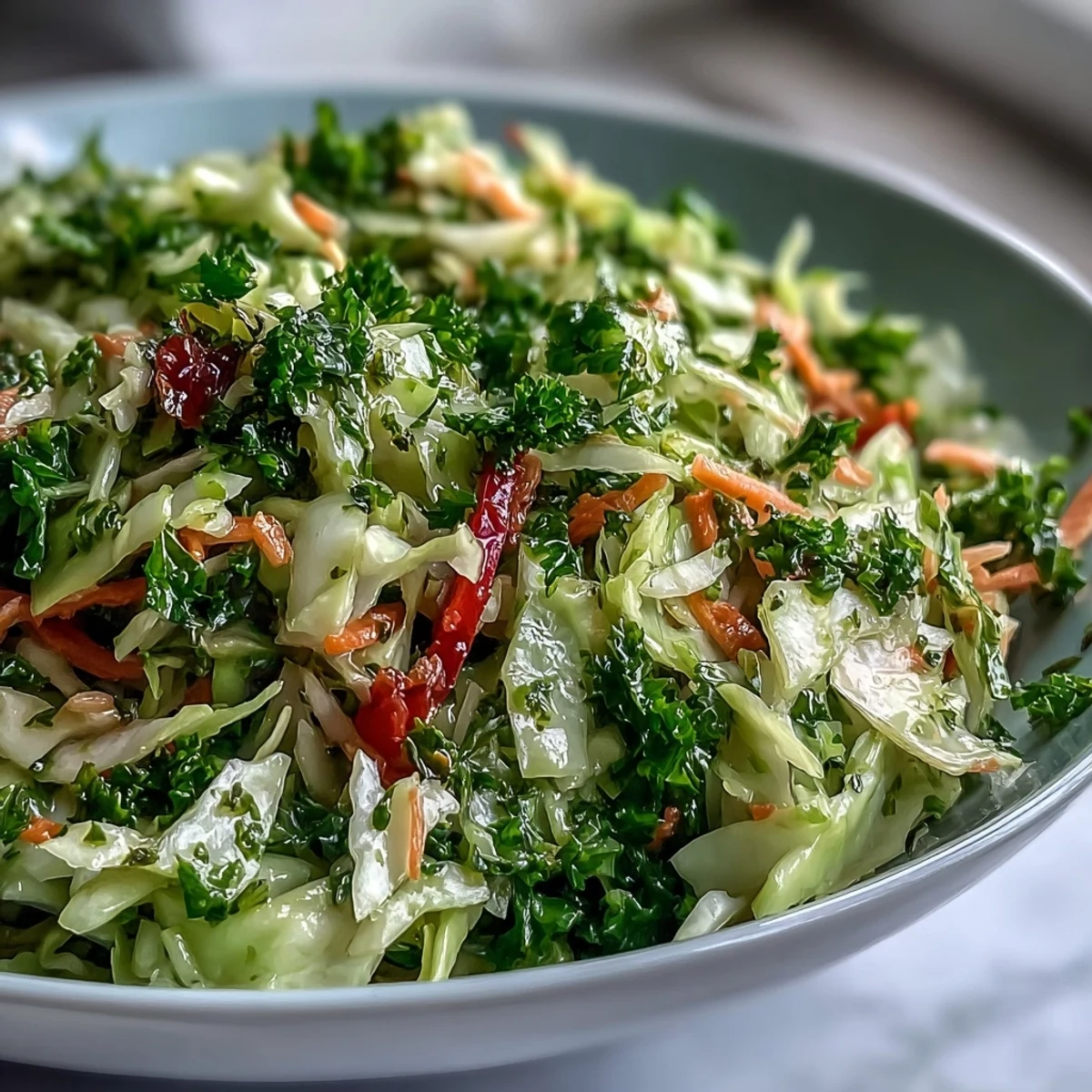 Easy Sauerkraut Slaw salad, visually appealing with its finely shredded vegetables and dressing.
