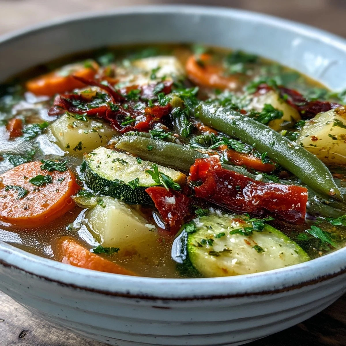 Hearty Italian Herb Vegetable Soup simmering with green beans, red bell peppers, and leafy spinach, perfect for a comforting meal.