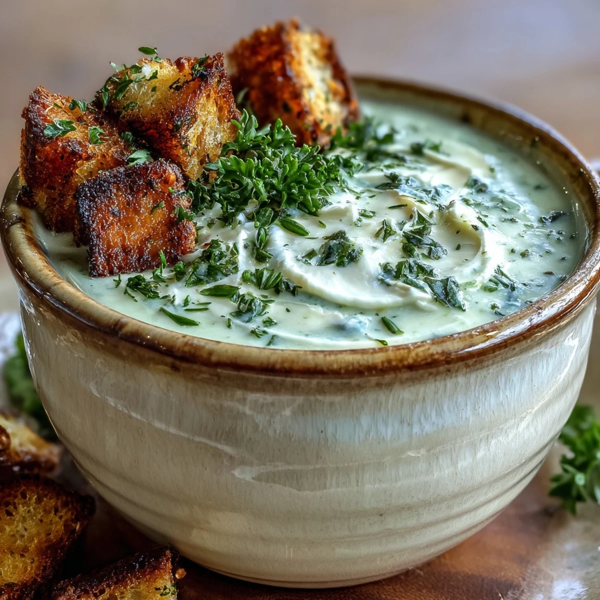 Creamy Garlic and Herb Soup garnished with fresh parsley and chives, served in a rustic bowl.