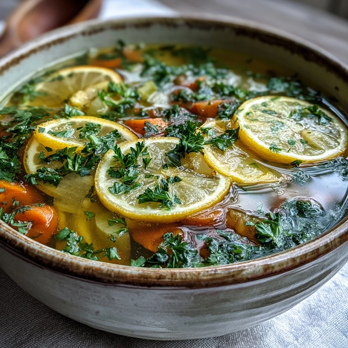 Bright yellow Lemon Herb Soup with fresh parsley and dill garnish, steaming in a white ceramic bowl.