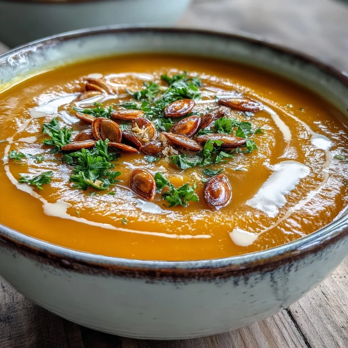 Velvety Pumpkin Soup blended with warm spices and a swirl of cream, served hot in a rustic bowl.