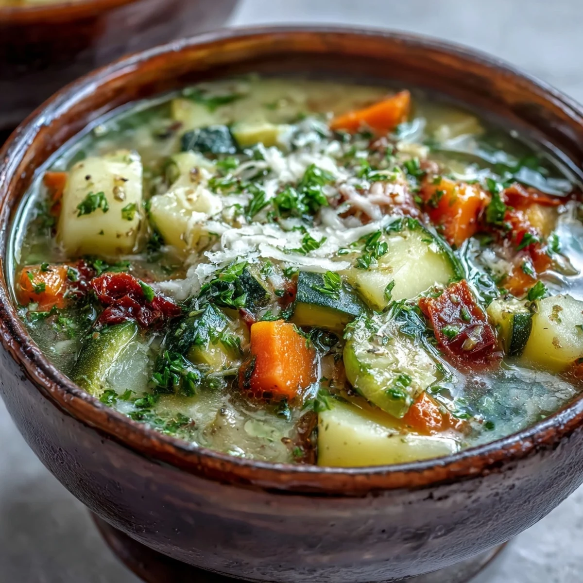 Steaming bowl of Parmesan Veggie Soup topped with fresh parsley and extra grated cheese.