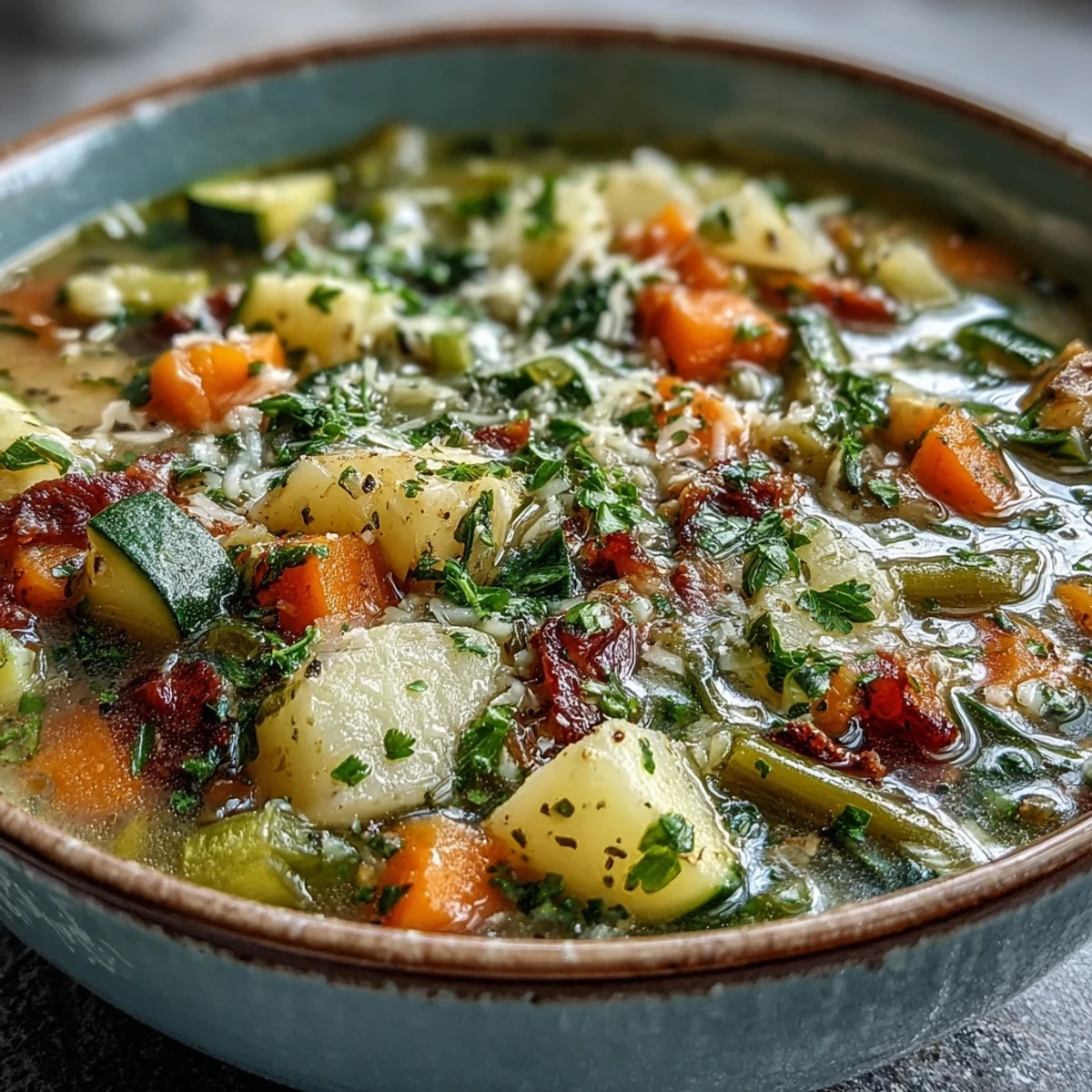 Hearty Parmesan Veggie Soup in a rustic white bowl, ready to serve with crusty bread.
