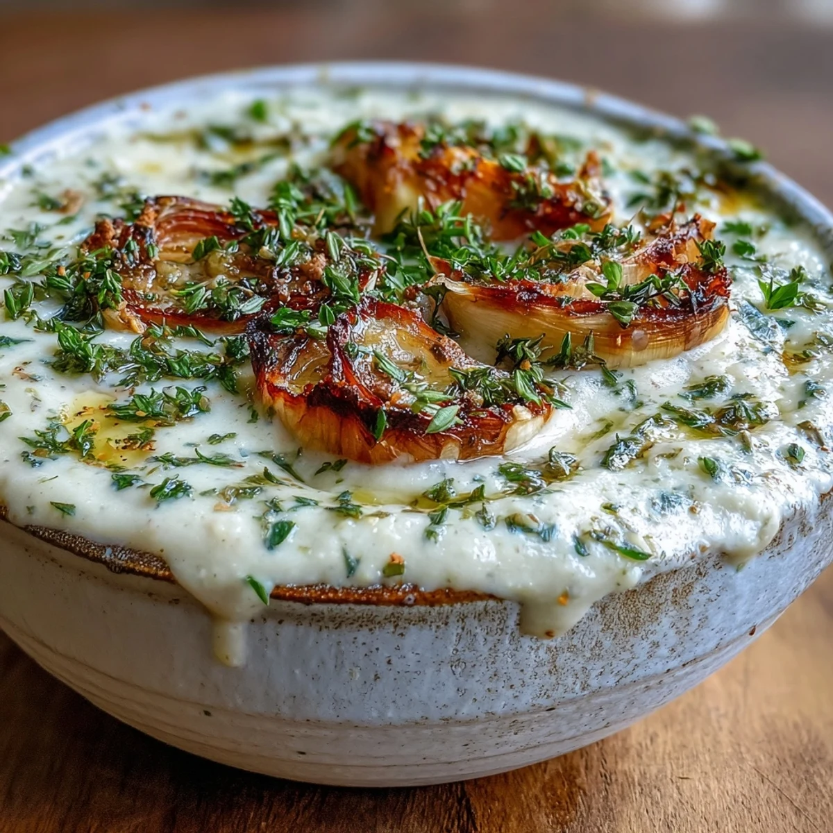 A steaming bowl of roasted garlic and herb soup, featuring creamy Yukon Gold potatoes and a swirl of olive oil.