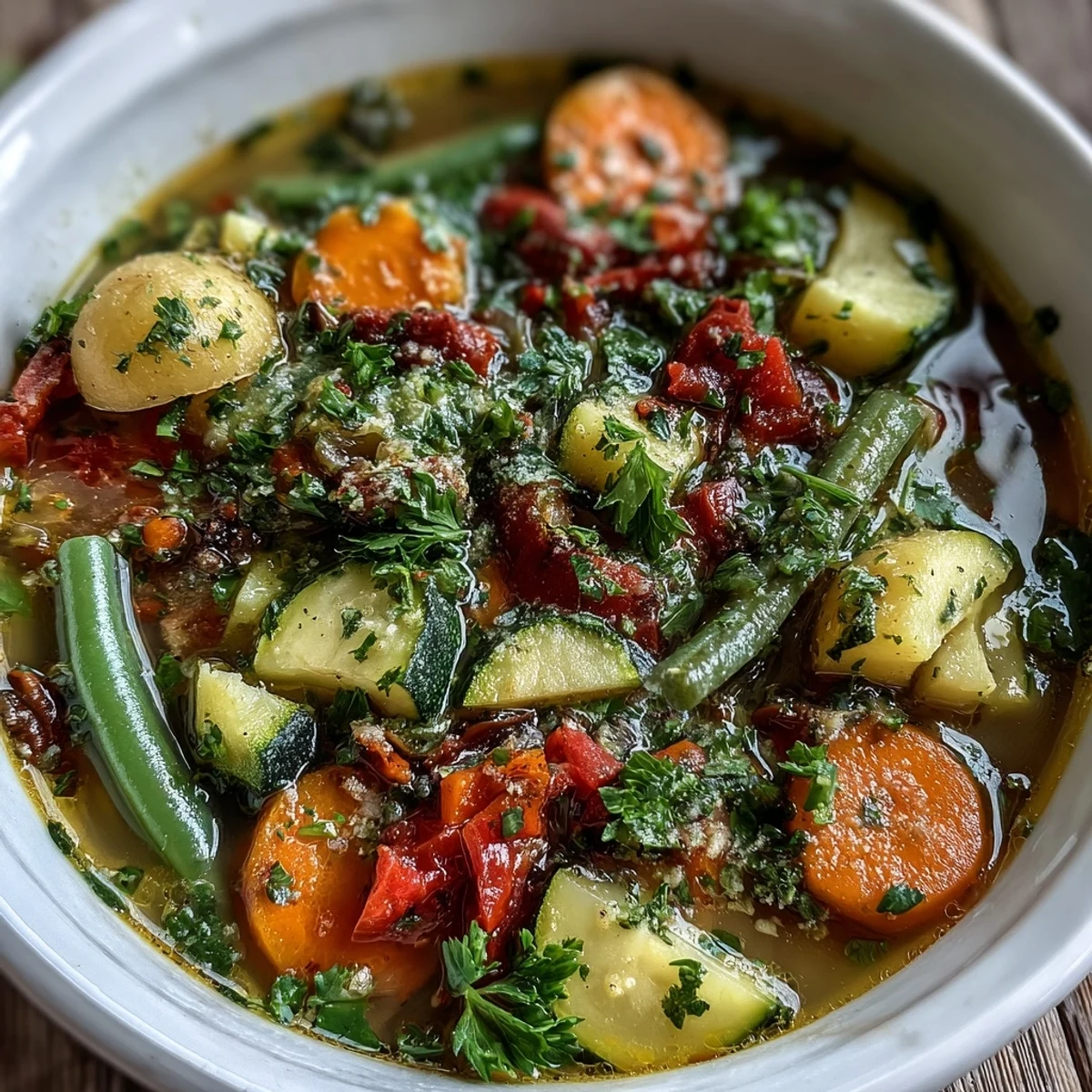 A steaming bowl of Italian Herb Vegetable Soup garnished with fresh parsley, brimming with colorful carrots, zucchini, and tomatoes.