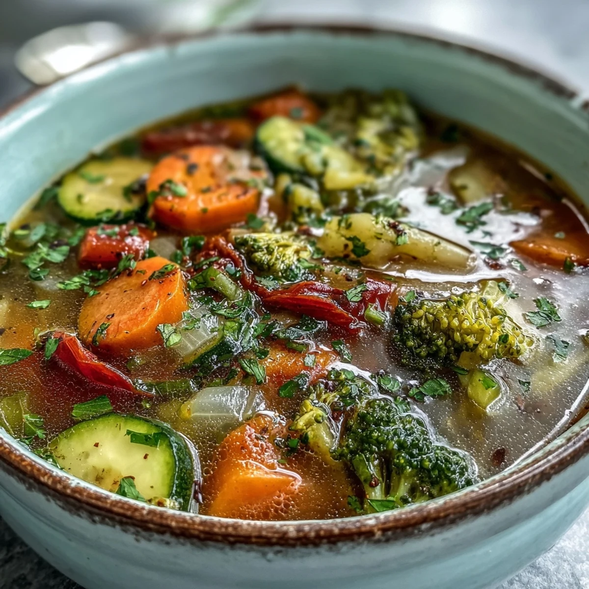 Fragrant Ginger Vegetable Soup simmering in a pot, with tender broccoli florets, carrots, and celery in a savory broth.