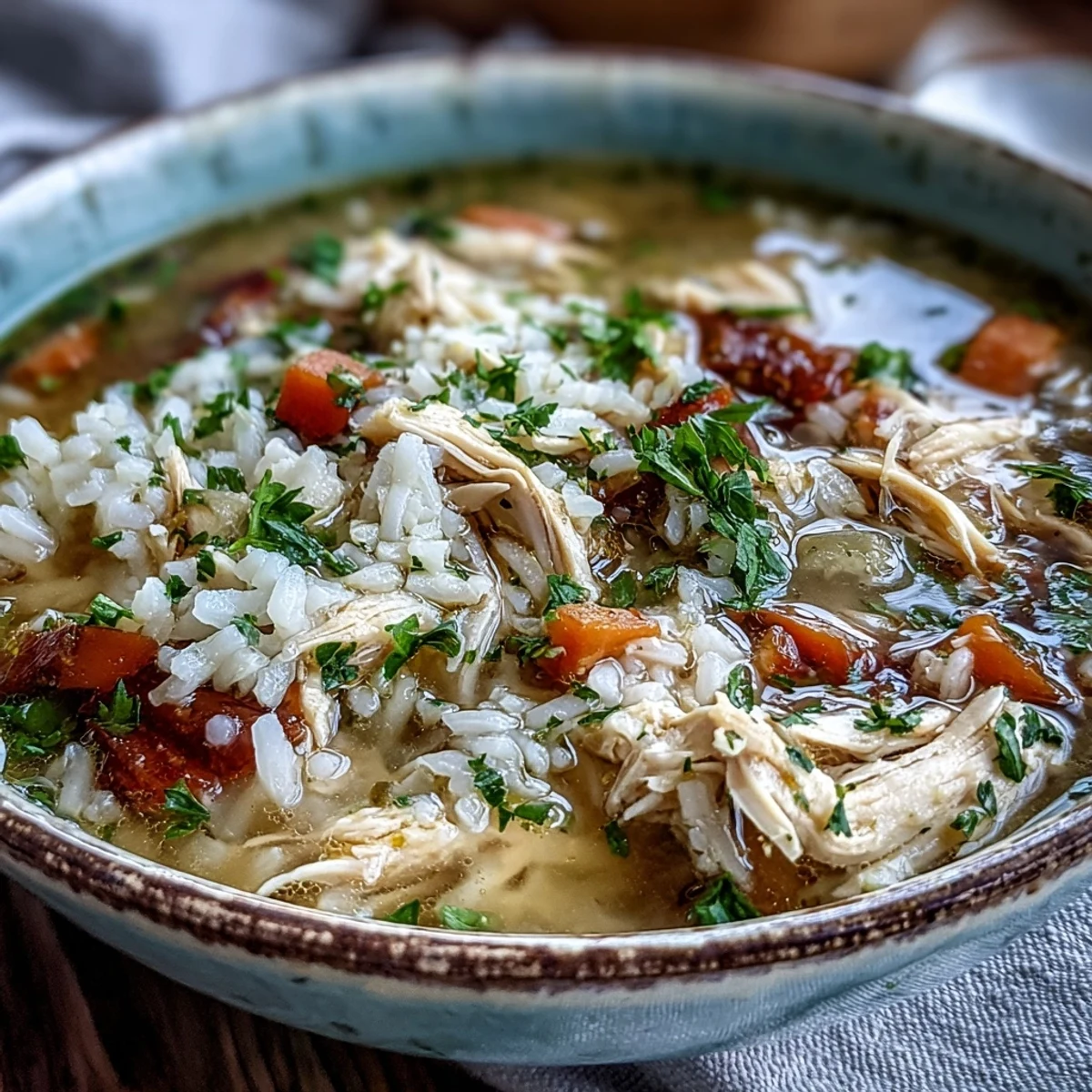 A steaming bowl of Cozy Winter Chicken and Rice Soup with shredded chicken, fluffy rice, and vibrant carrots.