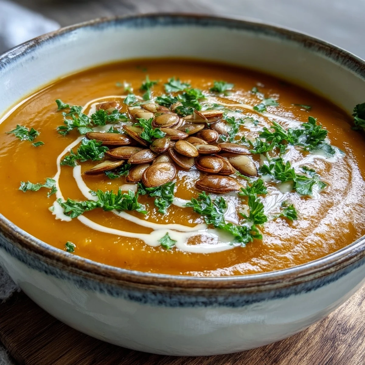 A bowl of creamy Pumpkin Soup garnished with toasted seeds and fresh herbs for a cozy autumn meal.