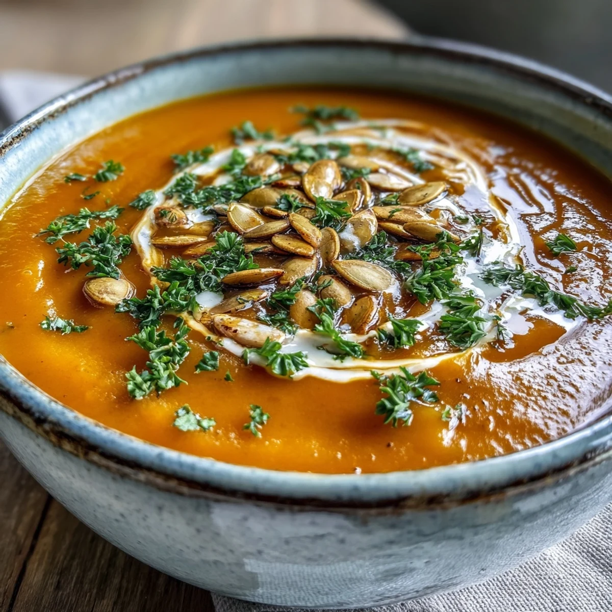 Homemade Pumpkin Soup topped with pumpkin seeds and a drizzle of cream, paired with crusty bread.