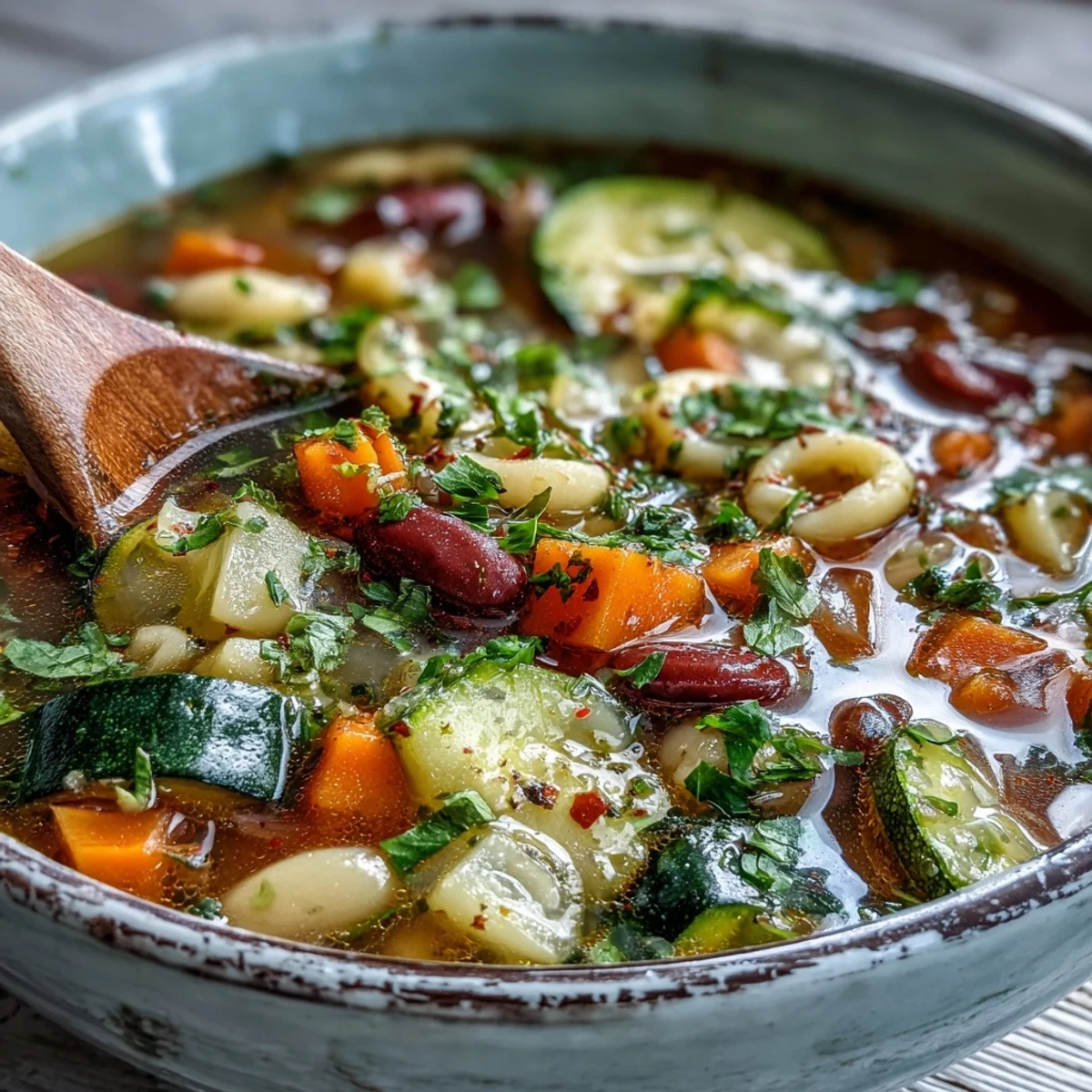 Hearty Vegetable Minestrone soup in a white bowl, showcasing diced carrots and zucchini swimming in a tomato-based broth.
