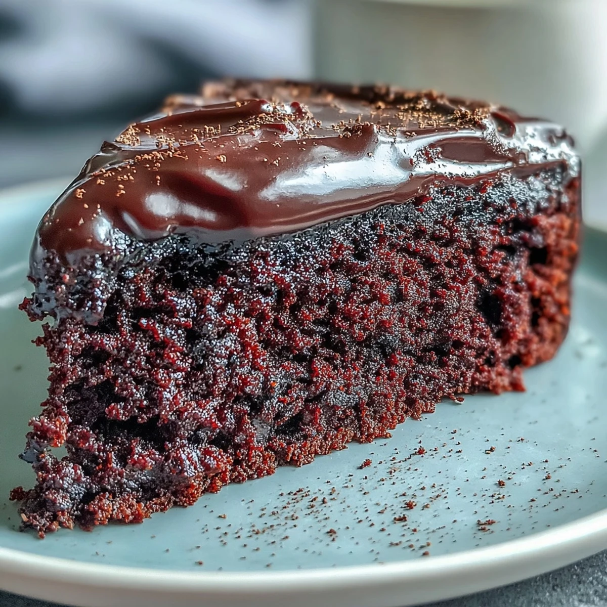 Fresh raspberries sit beside a rich slice of Easy Chocolate Fudge Cake, its glossy chocolate icing glistening beautifully under soft light.