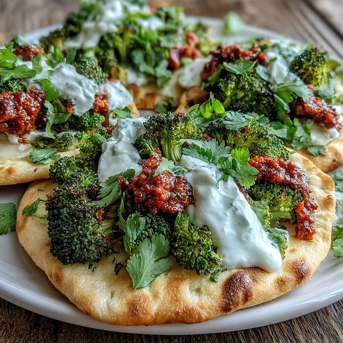 Spicy roasted harissa broccoli piled on warm flatbreads with lemon wedges and cilantro for a quick vegetarian meal.