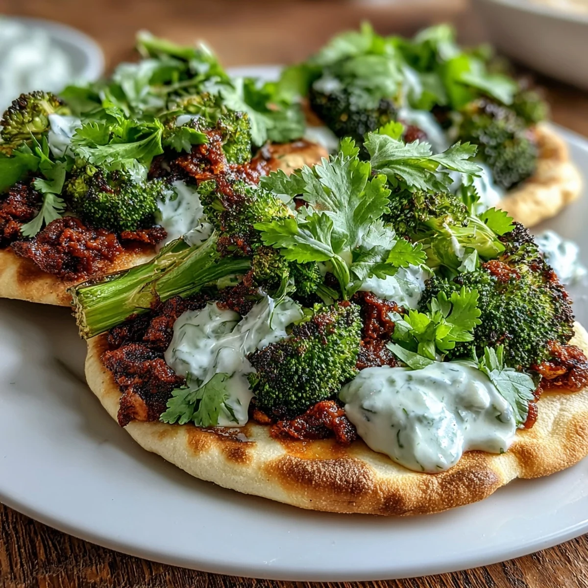 Roasted harissa broccoli with charred edges on flatbreads, served with yogurt and lemon for a flavorful vegetarian dinner.