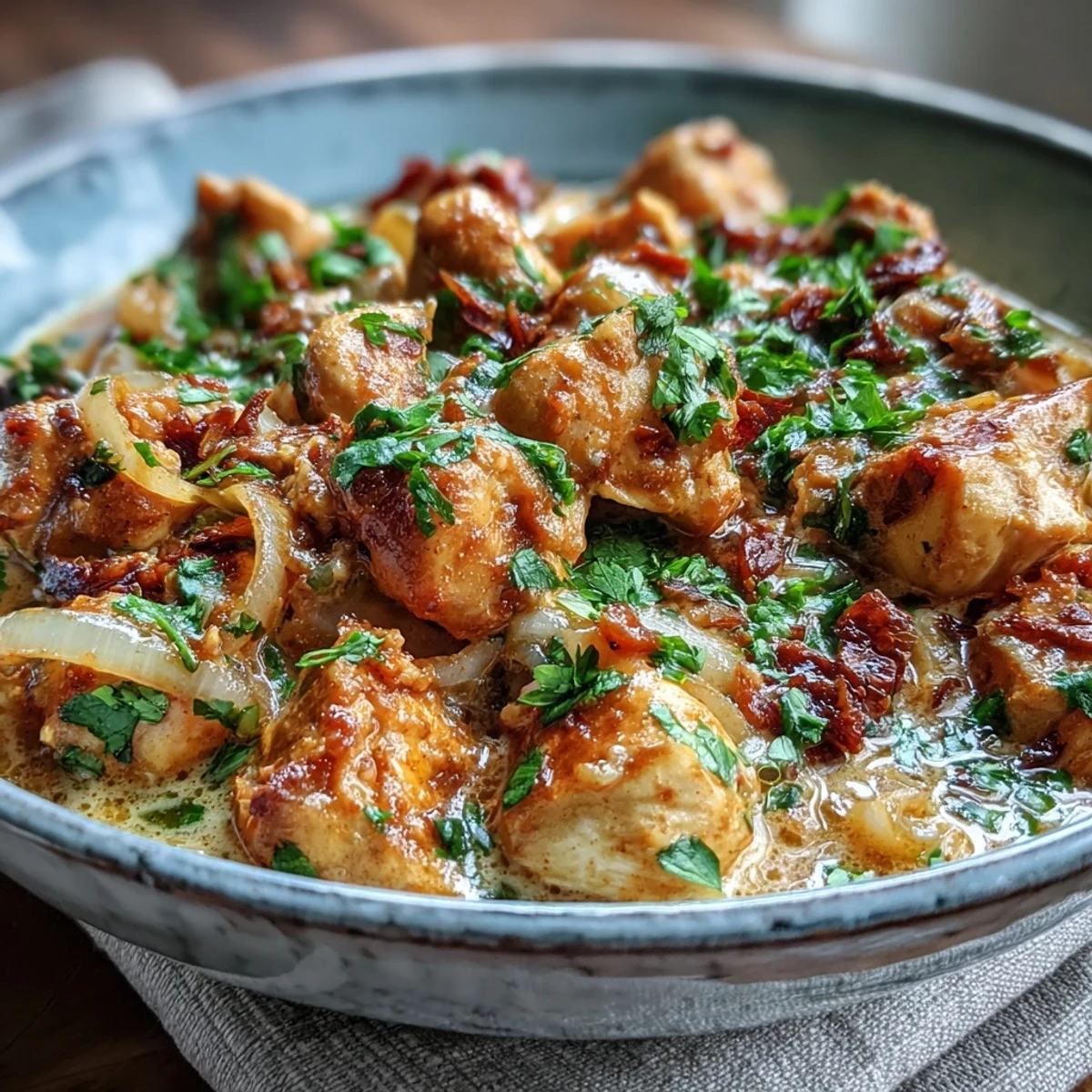 A close-up of Easy Chicken Curry, featuring tender chicken and a creamy, golden-orange sauce in a skillet, garnished with fresh cilantro.