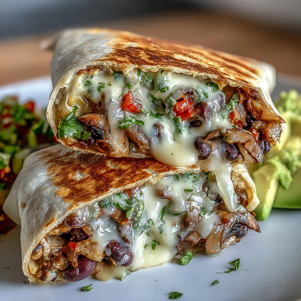 Two soft flour tortillas are rolled with sautéed mushrooms, black beans, and sweet corn for these hearty veggie burritos.