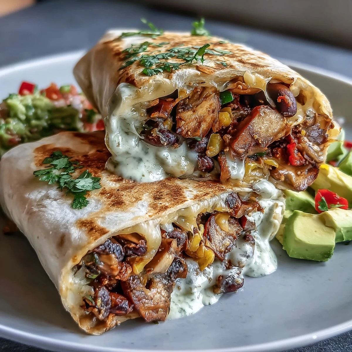 Golden-brown veggie burritos on a plate with avocado slices, salsa, and sour cream for dipping.