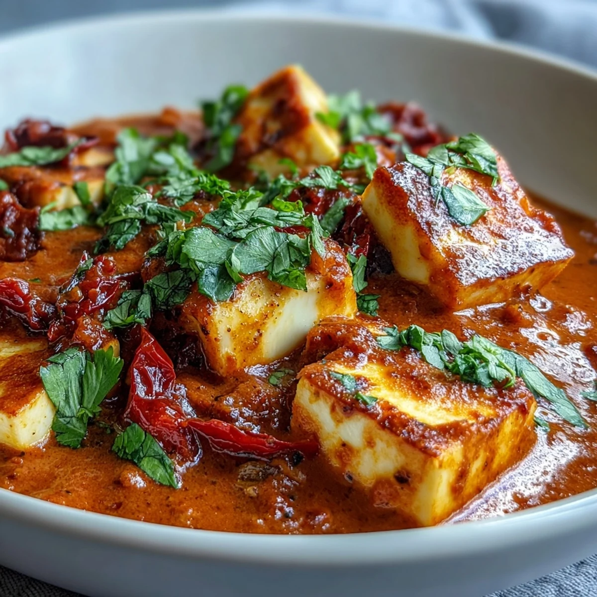 Golden cubes of halloumi sit in a rich, creamy tomato coconut curry, garnished with fresh cilantro and lemon wedges.
