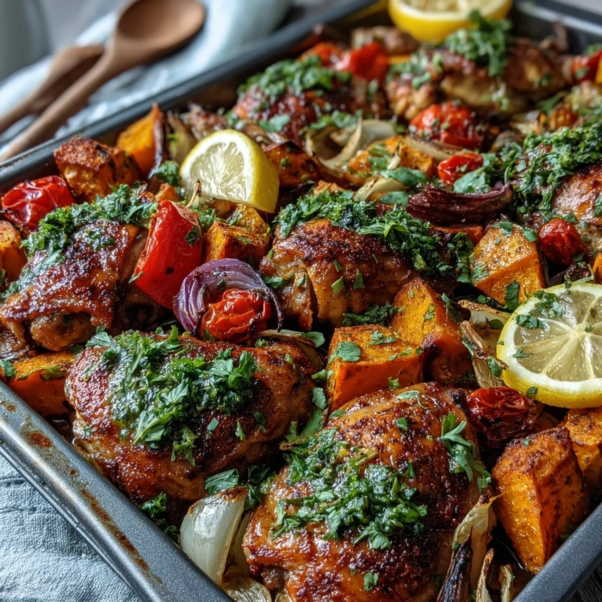 Juicy piri-piri chicken thighs roasted next to golden sweet potato chunks in this Chicken and Sweet Potato Traybake, fresh from the oven.
