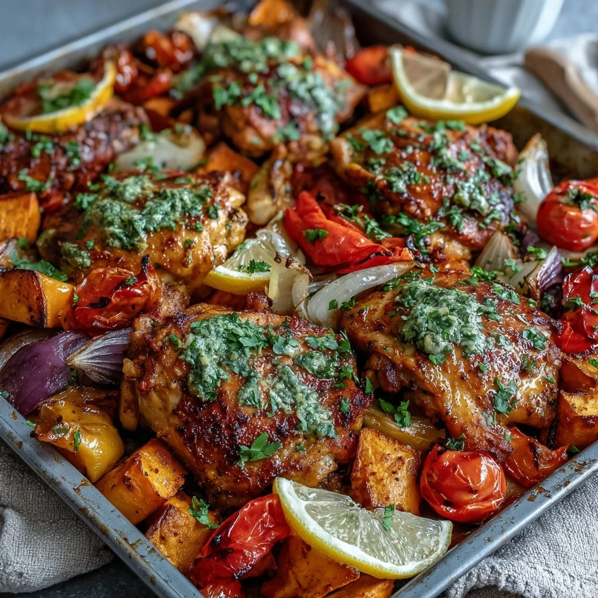 Ready-to-serve Chicken and Sweet Potato Traybake garnished with fresh herbs and lemon wedges, perfect for an easy weeknight dinner.