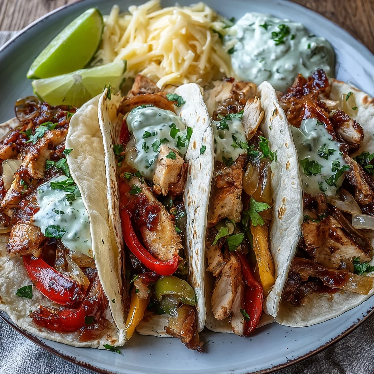 Easy Chicken Fajitas sizzling with peppers and onions, ready to serve in warm tortillas.