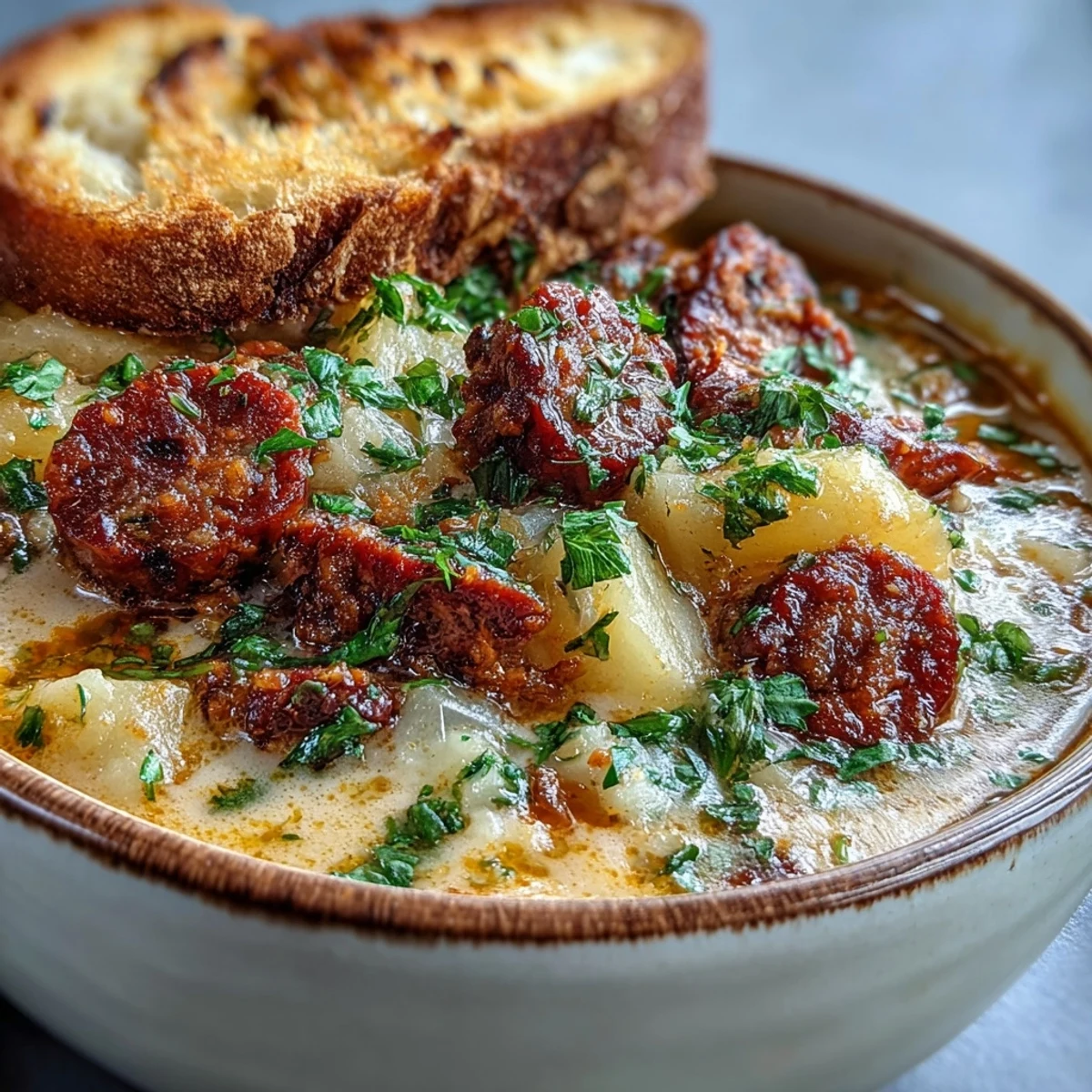 Creamy Potato, Leek and Chorizo Soup in a rustic bowl topped with fresh parsley and a side of crusty bread.