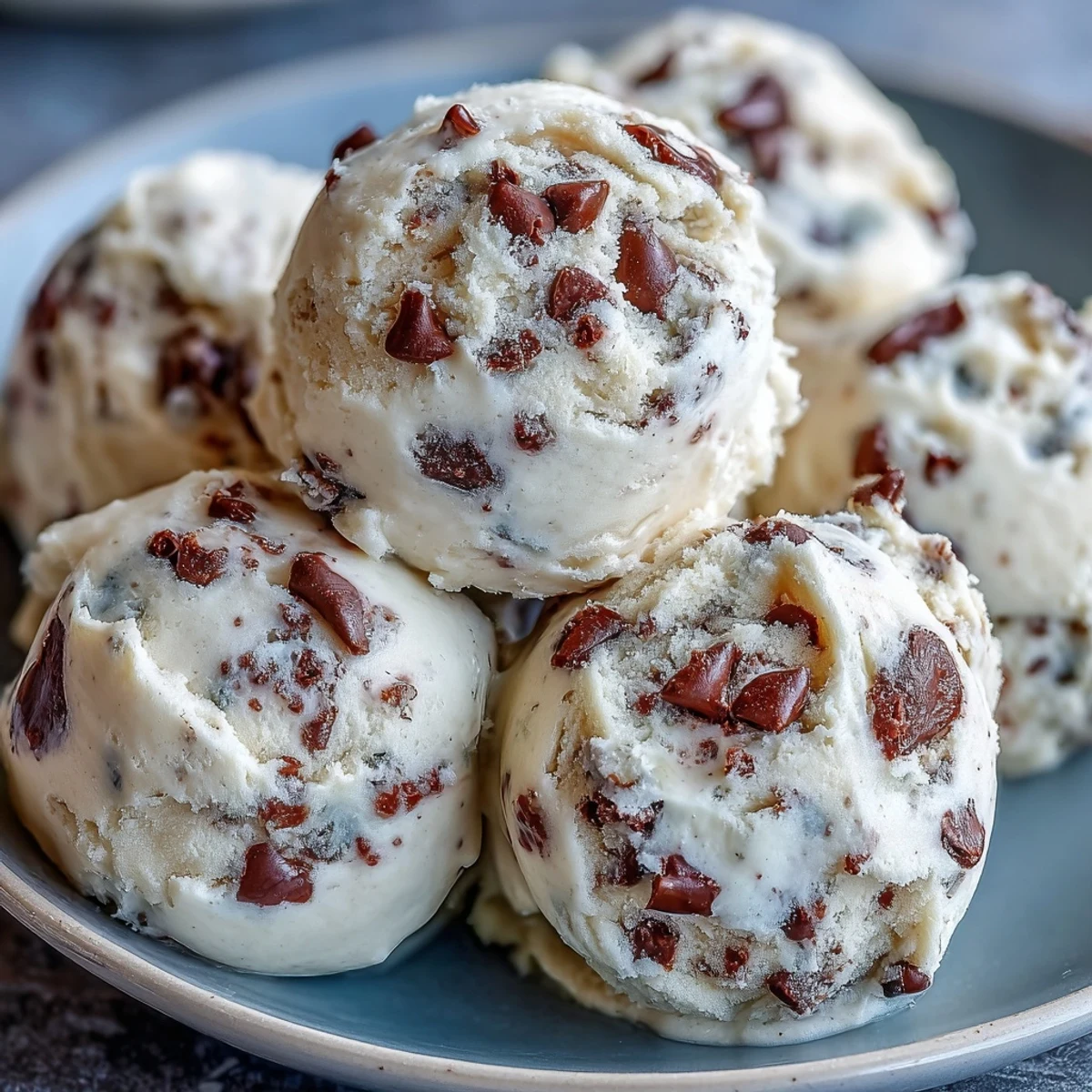 A close-up of Greek Yogurt Cookie Dough reveals mini chocolate chips, a soft texture, and a perfect chilled bite.