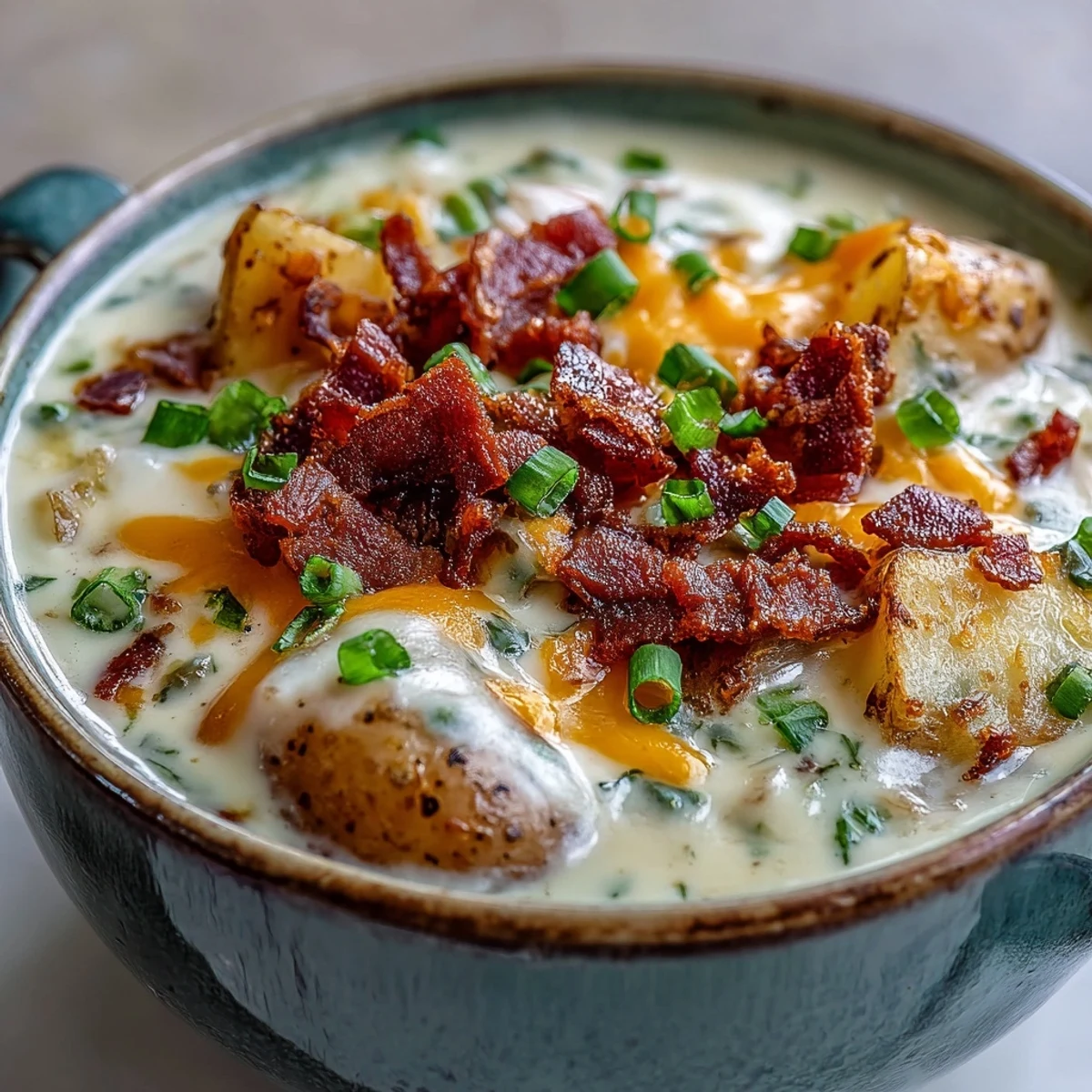 A ladle of rich Loaded Potato Soup, showcasing its creamy texture with chunks of potato, melted cheese, and savory bacon, perfect for a comforting lunch.