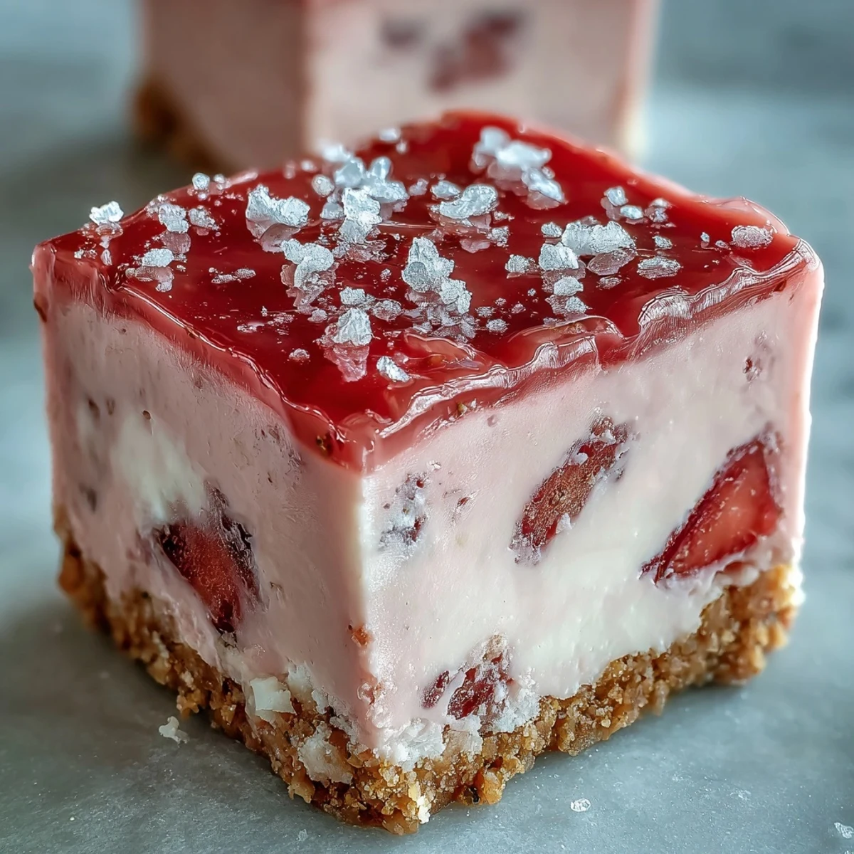 A vibrant slice of no-bake strawberry fudge squares shows a creamy pink layer on a golden graham cracker crust, garnished with fresh berries.  
